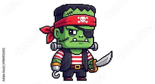 Cartoon Frankenstein Pirate Character with Hook and Sword.