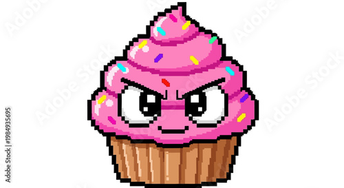 Angry Pixel Art Cupcake with Pink Frosting and Sprinkles.