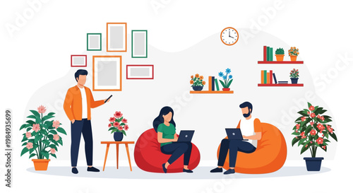 People working and relaxing in a modern coworking space.