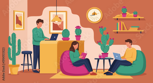 People working and relaxing in a modern co-working space.