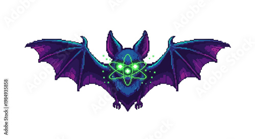 Atomic Bat Creature with Glowing Green Eyes and Atom Symbol.