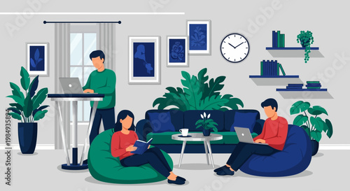 People working and relaxing in a modern coworking space.