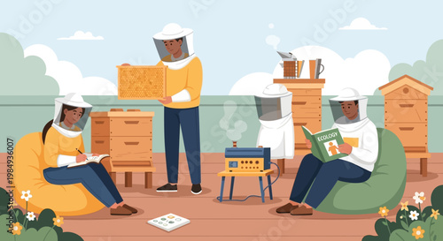 Beekeepers in protective suits tending to hives.