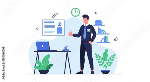 Businessman giving thumbs up in modern office with laptop, plants, and clock