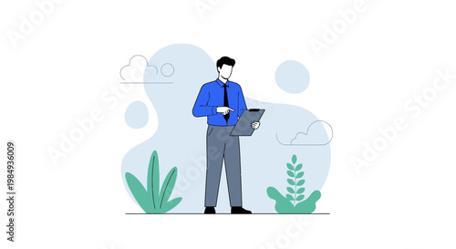 Businessman holding clipboard, standing outdoors with plants and abstract shapes
