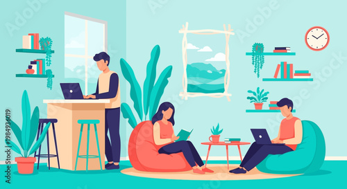 People working and relaxing in a modern co-working space.