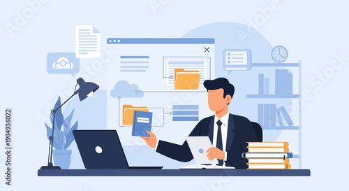 Businessman organizing digital files on laptop and tablet in modern office