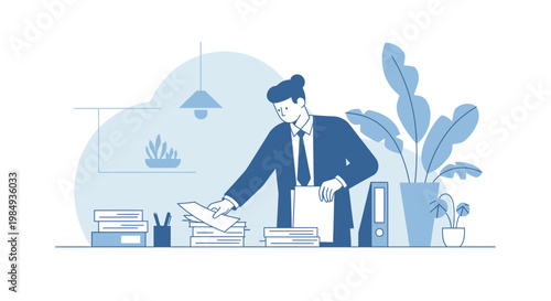 Businessman organizing documents at desk, office workspace, business concept