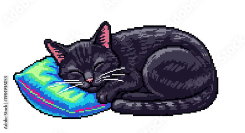 Black cat sleeping peacefully on a colorful pillow.