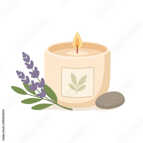 Aromatic scented candle with lavender sprig and zen stone for spa