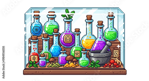 Collection of Alchemical Potions and Ingredients.