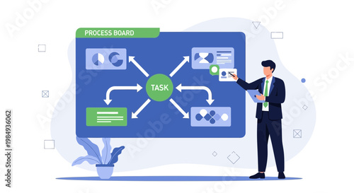 Businessman presenting a process board with tasks and workflow