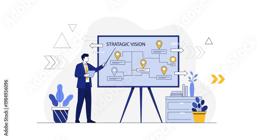 Businessman presenting strategic vision plan on whiteboard with flowchart and location pins
