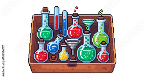 Collection of Colorful Chemical Laboratory Glassware and Potions.