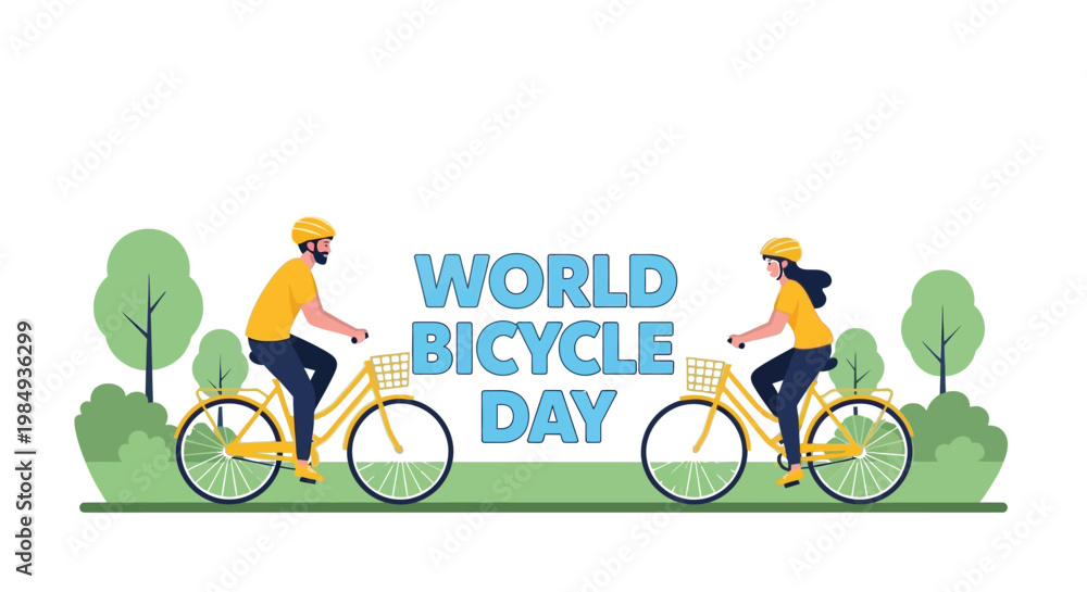 Naklejka premium Two cyclists ride bicycles and celebrate World Bicycle Day surrounded by nature and trees.