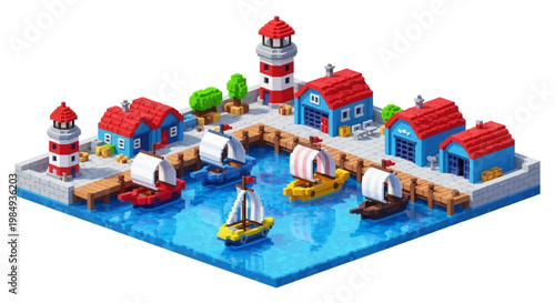 Charming Isometric Seaside Village with Boats and Lighthouses.