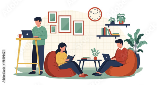 People working and studying in a modern coworking space.