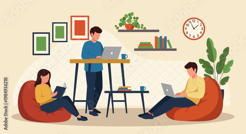 People working and studying in a modern coworking space.