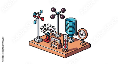 Collection of Weather Measuring Instruments on a Wooden Base.