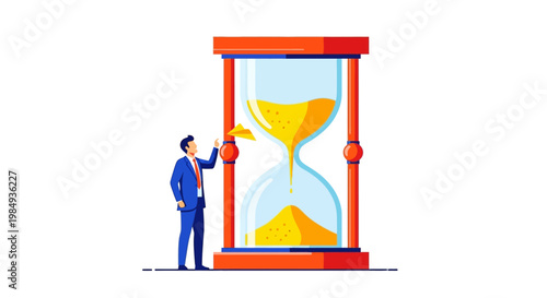 Businessman interacting with a giant hourglass symbolizing time management.