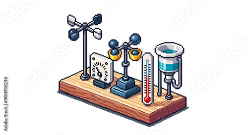Collection of Weather Measuring Instruments on Wooden Base.
