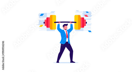 Businessman lifting heavy weights symbolizing strength and success.