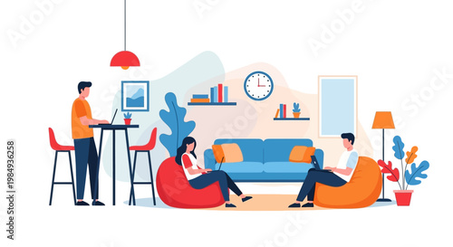 People working and relaxing in a modern coworking space.