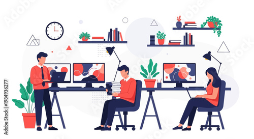 Creative team working together in modern office space.