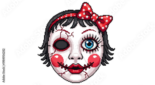 Creepy Cracked Doll Face with Red Bow.