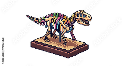 Colorful Dinosaur Skeleton Model on Display Stand.