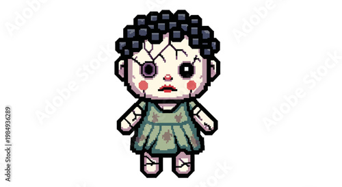 Creepy Cracked Doll with Black Curly Hair and Green Dress.