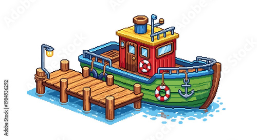 Colorful Fishing Boat Docked at Wooden Pier Illustration.