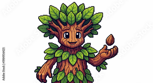 Cute anthropomorphic tree character holding a seed.