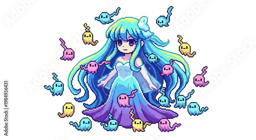 Cute Anime Girl Surrounded by Adorable Ghosts.