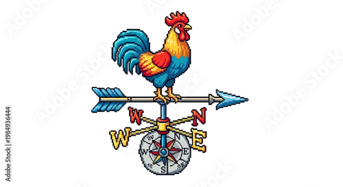 Colorful Rooster Weathervane Pointing Westward Direction.