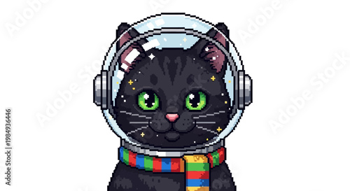 Cute Black Cat Astronaut Wearing Scarf and Helmet.