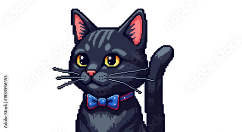 Cute Black Cat Wearing a Blue Bowtie.
