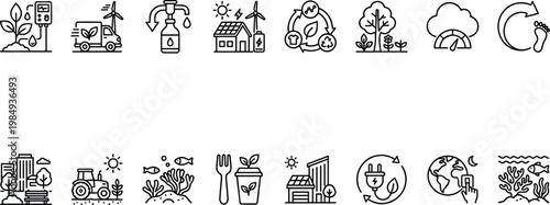 A collection of eco-friendly icons on a clean white background for sustainable design