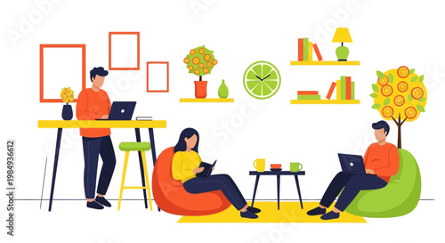 People working and studying in a modern coworking space.