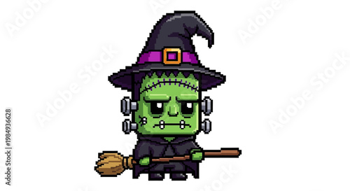 Cute Frankenstein Monster Character Wearing Witch Hat Holding Broom.