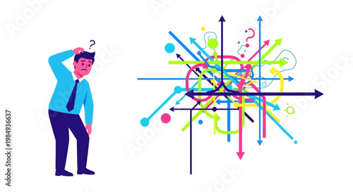 Confused businessman scratching head near complex diagram.