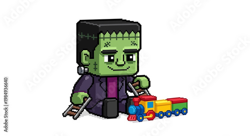 Cute Frankenstein Monster Toy Playing With Train.