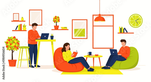 People working and relaxing in a modern coworking space.