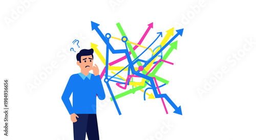 Confused Man Facing Complex Financial Market Trends.