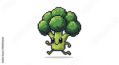 Cute Pixel Art Broccoli Character Running Joyfully.