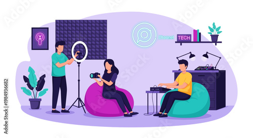 Content creators filming in a modern studio setting.