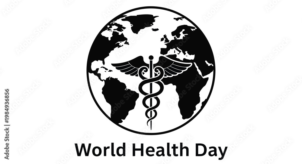 Fototapeta premium A black and white image depicting a globe with the caduceus symbol for world health