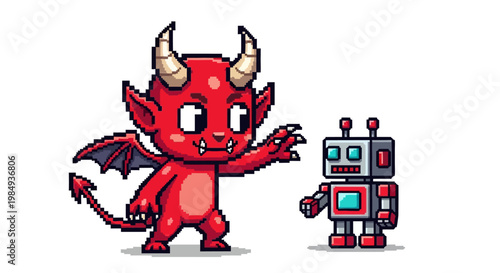 Cute Pixel Art Devil and Robot Characters Together.