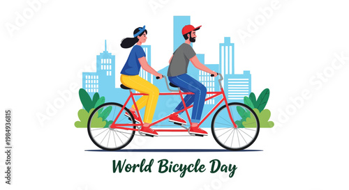 A couple riding a tandem bicycle through a city landscape serves as a vibrant illustration for the annual celebration of World Bicycle Day.