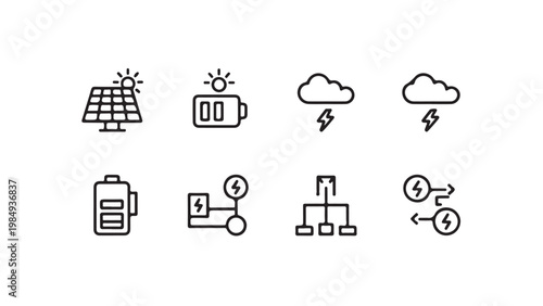 Solar energy and power generation line icons including solar panels, batteries, and meters.